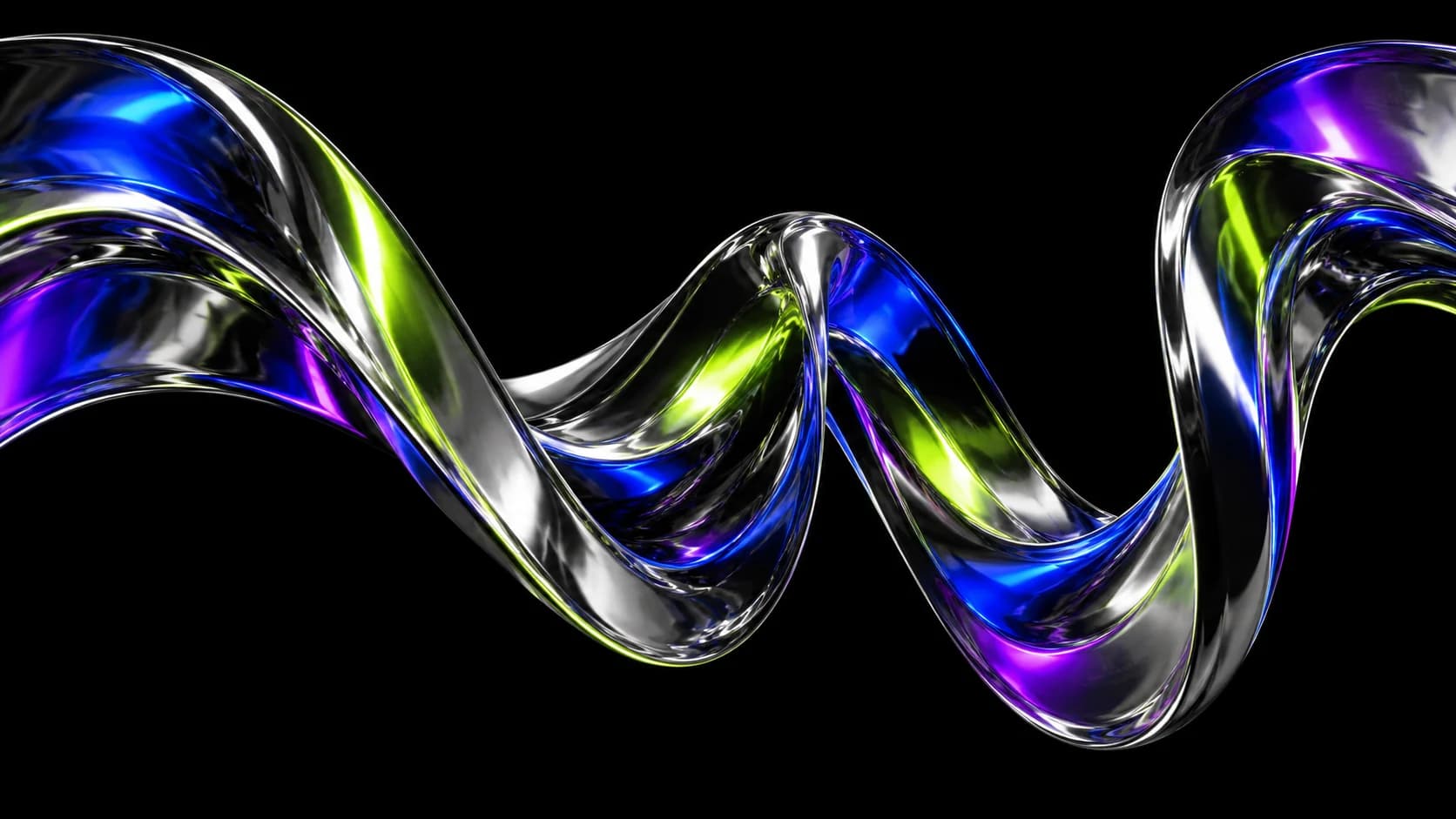 Sculptural chrome sound wave reflecting electric lime and violet light